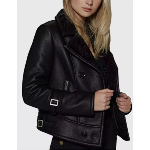 Avec Les Filles $198 Black Faux Leather Moto Shearling Jacket New - Picture 1 of 8